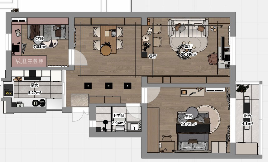 刘小勇｜龙蟠中路466号401室-83㎡-现代简约风格｜2室2厅1卫｜老房装修｜定制家｜全包10万｜00_03平面彩图